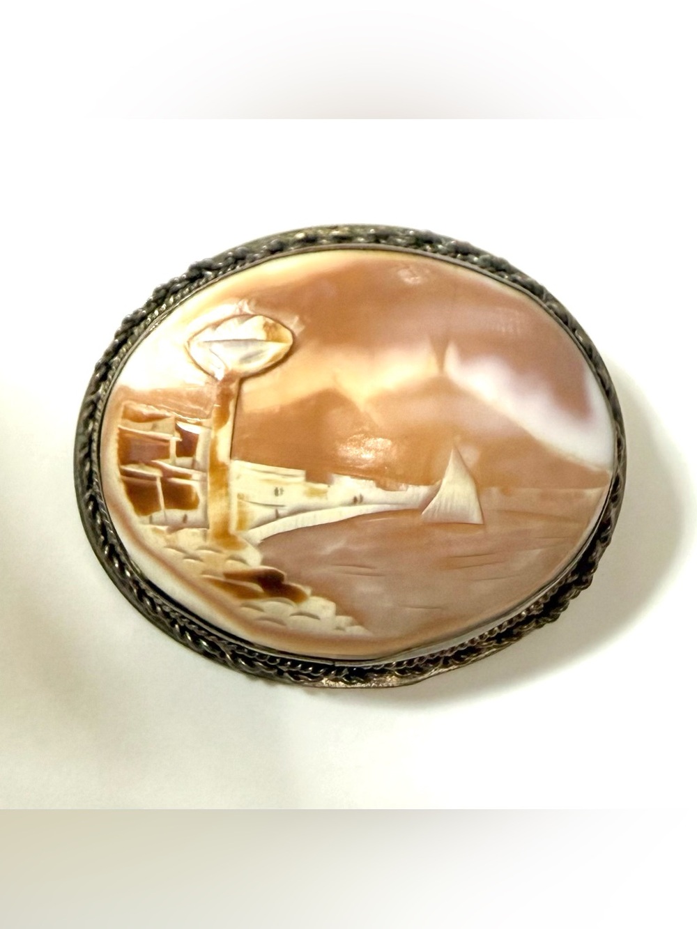 Antique Cameo Shell Brooch Mount Vesuvius
